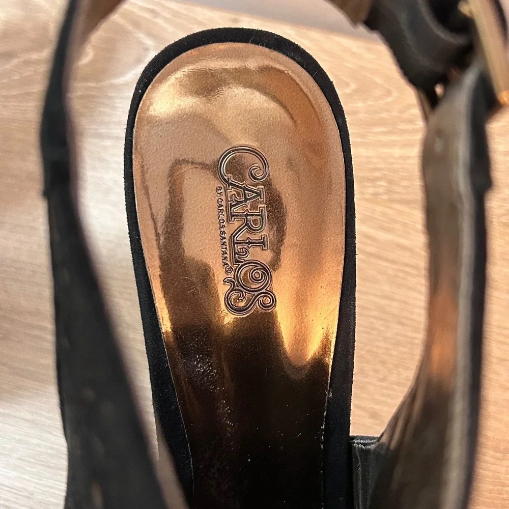 Carlos by Carlos Santana Black Suede‎ Laser Cut Peep Toe Ankle Strap Heels 7.5 M
